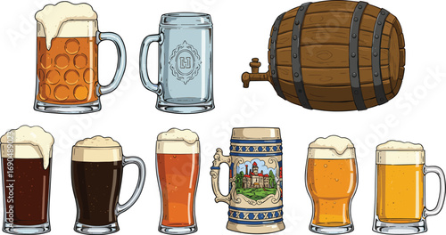 Set of hand-drawn beer mugs, pint glasses, stein, wooden beer barrel with foam, Oktoberfest drink collection on white.