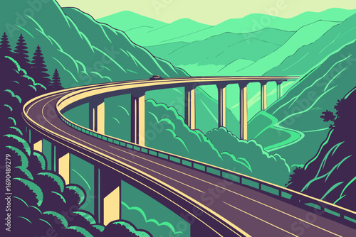 Futuristic elevated highway curving through green mountain landscape vector