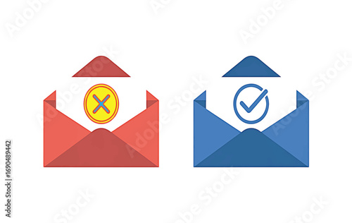 Approval and rejection email notification icons with checkmark and cross symbols in open envelopes