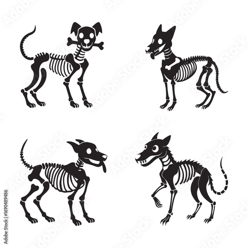 Halloween Dog set silhouette vector illustration.  Skeleton dog with bone vector design.