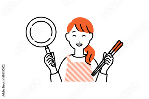 フライパンと箸を持った料理をするエプロンを着た女性の人物イラスト