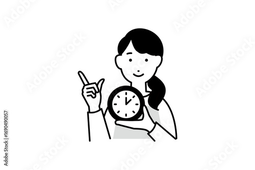 時計を持った料理をするエプロンを着た女性の人物イラスト モノクロ 1色