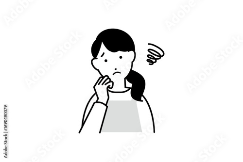悩んでいる料理をするエプロンを着た女性の人物イラスト モノクロ 1色