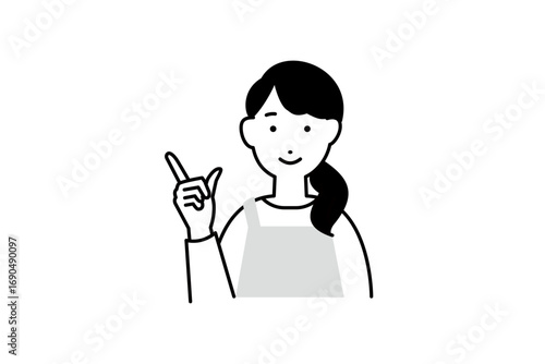 指を差す料理をするエプロンを着た女性の人物イラスト モノクロ 1色