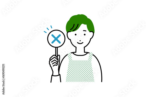 間違いのバツを持った料理をするエプロンを着た男性主夫の人物イラスト