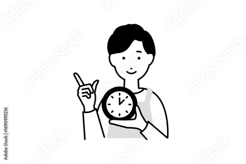 時計を持った料理をするエプロンを着た男性主夫の人物イラスト モノクロ 1色