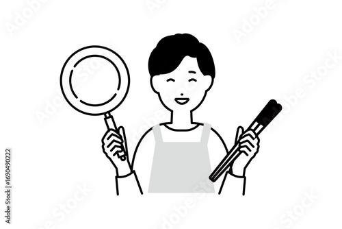 フライパンと箸を持った料理をするエプロンを着た男性主夫の人物イラスト モノクロ 1色
