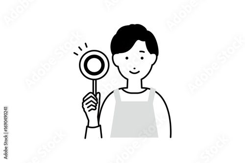正解の札を持った料理をするエプロンを着た男性主夫の人物イラスト モノクロ 1色