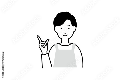 指を差す料理をするエプロンを着た男性主夫の人物イラスト モノクロ 1色