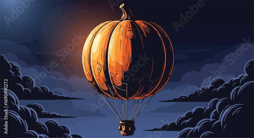 Whimsical pumpkin hot air balloon floats through a starry night sky above clouds