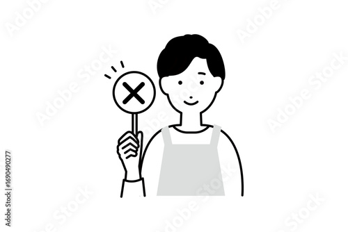 間違いのバツを持った料理をするエプロンを着た男性主夫の人物イラスト モノクロ 1色
