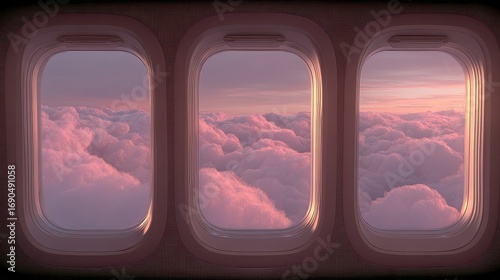 Fototapeta Naklejka Na Ścianę i Meble -  Passenger perspective from aircraft cabin airplane window view of sky through clouds in serene environment