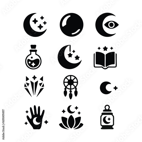 Mystical and Spiritual Icons: A Set of Black and White Magic Symbols.