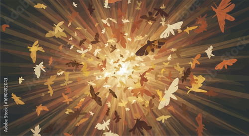 Flock of colorful birds exploding from a bright light source, symbolizing hope and transformation.