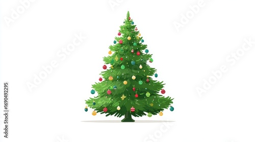 A Christmas tree, festive element, flat vector design, bright green with colorful baubles, isolated on white background.	