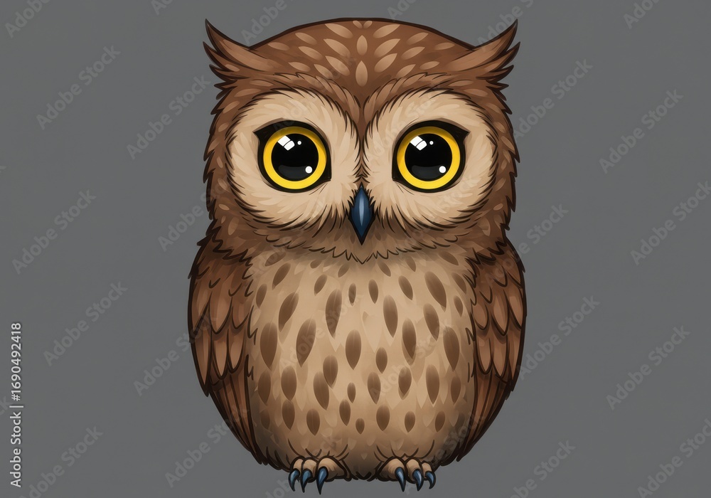 Obraz premium Adorable cartoon owl with big eyes and detailed feathers facing forward