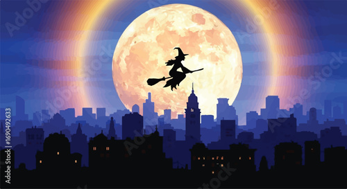 Mystical witch flies on broomstick across a glowing full moon over a silhouetted cityscape at night.