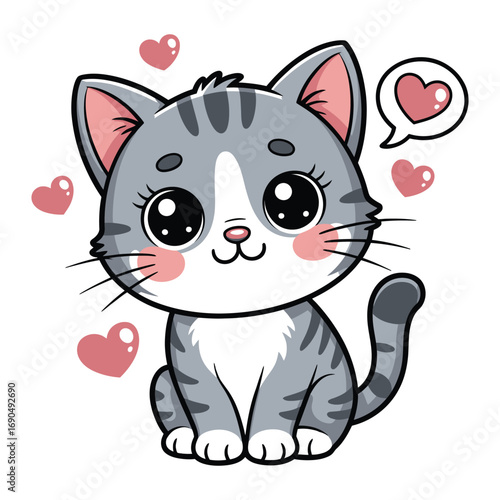 Adorable cartoon cat holding heart shape, cute vector illustration, love-themed pet character, playful design for greeting cards, stickers, social media or children’s decor, friendly mascot style