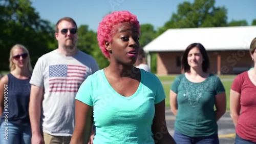 Vibrant Pink-Haired Woman Leads Diverse Group in Engaging Outdoor Public Speaking and Community Discussion