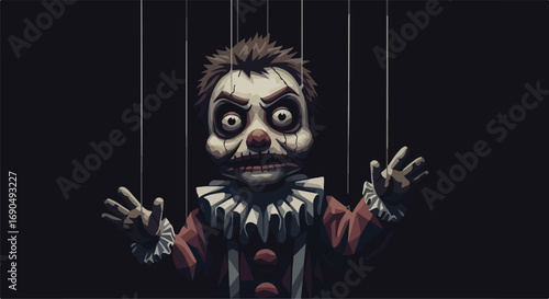 Creepy clown puppet with wide, staring eyes and sinister grin, controlled by strings against a dark background.