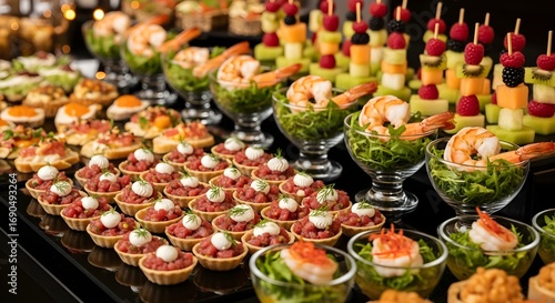 Elegant appetizer spread featuring colorful fruit skewers, shrimp cocktails, and gourmet canapés in glasses, perfect for upscale events and stylish receptions.