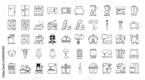 Collection of household appliance and object silhouettes in a grid arrangement