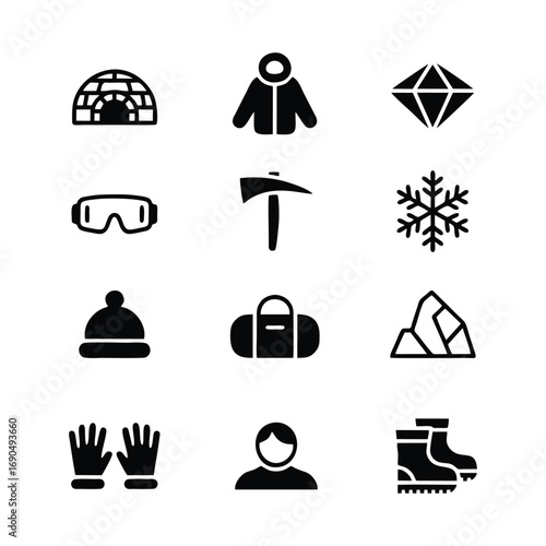 Winter and Mountain Icons: A Set of Cold Weather and Adventure Symbols.