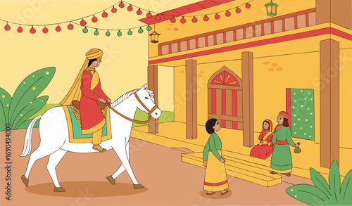 A colorful illustration of a traditional Pakistani village wedding celebration: a beautifully decorated courtyard with marigold flowers, fairy lights, and vibrant drapes. The bride is sitting on a cha