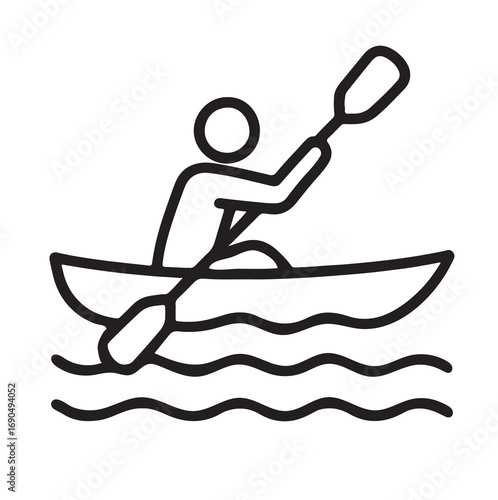 "Minimalist black and white line art icon of a person kayaking. The figure is seated in a streamlined kayak, actively paddling with one arm raised and the other lowered, suggesting motio