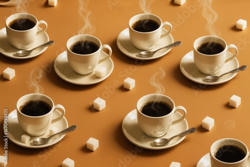 Wallpaper Mural Steaming cups of black coffee with sugar cubes and spoons on brown background arranged in seamless isometric pattern. Ai generative. Ai generative Torontodigital.ca