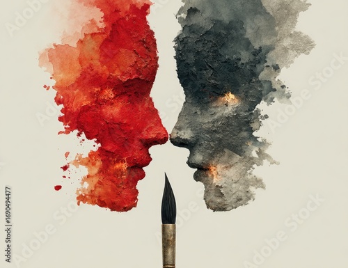 Two abstract faces, red and gray, meet, painted with a brush