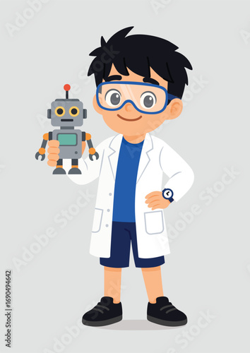 Cartoon child scientist boy with lab coat and lab goggles showing a small homemade robot