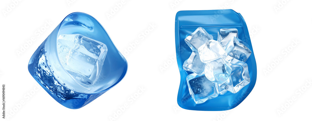 Naklejka premium Blue Ice Cube Pouch Filled with Clear Cubes, isolated on a transparent background PNG