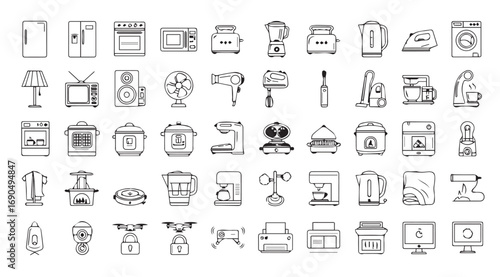 Collection of hand drawn household appliance and object silhouettes