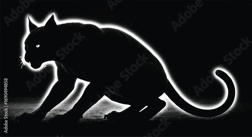 Mysterious black panther silhouette with glowing eyes in the dark