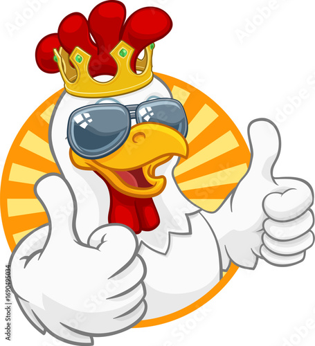 A chicken rooster cockerel bird cartoon character in a kings gold crown and cool shades or sunglasses giving a double thumbs up
