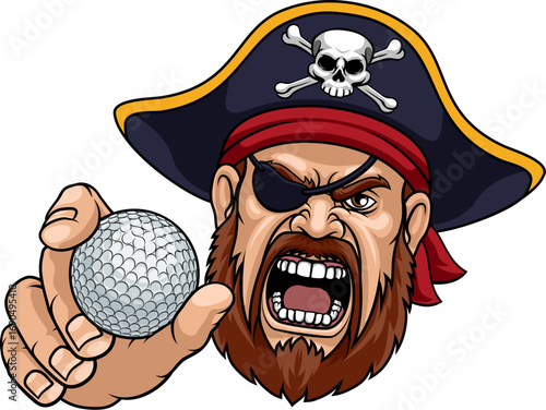 A Pirate man holding Golf ball sports team cartoon charcater mascot illustration.
