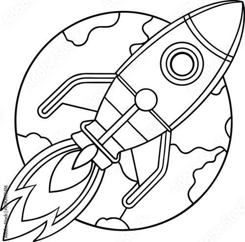 Black outline simple drawing of a powerful rocket blasting into outer space Vector illustration