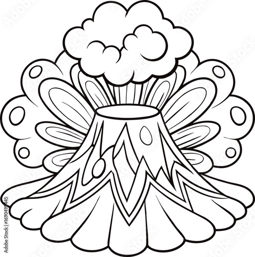 Black outline of a volcano erupting with large flowing lava in dramatic scene Vector illustration