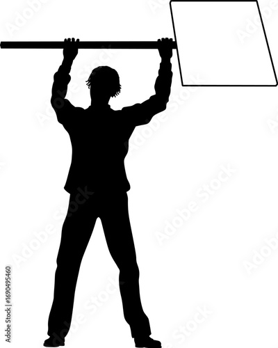 Protestor or demonstrator at a demonstration march, picket line or strike protest rally in silhouette. Holding up a banner or picket sign board placard.