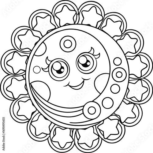 Outline of a crescent moon with smiling face and shining star beside it Vector illustration