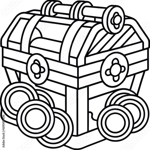 Outline of a treasure chest overflowing with coins in bold large shapes Vector illustration