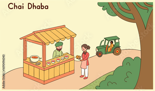 “A vibrant illustration of a traditional Pakistani village tea stall (chai dhaba): a small roadside wooden stall with a thatched roof, a tea vendor (chaiwala) pouring steaming chai from a kettle into 