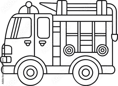 Outlined fire truck with siren and simple hose details in bold line style Vector illustration