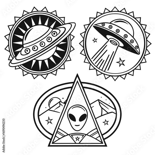 Collection of ufos and alien head in a retro style isolated on white background