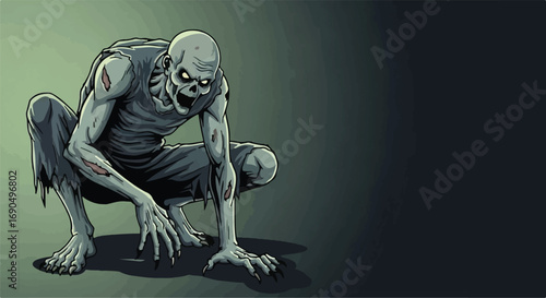 Creepy zombie crouches low, skeletal and decaying, with vacant eyes and tattered clothes.