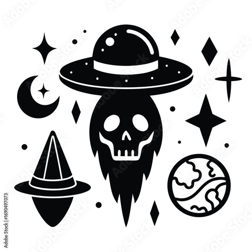 Illustration of a spaceship, ufo, and planet isolated on white background, perfect for space themed designs