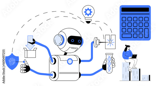 Robot executes packaging, biometrics, research, and analytics with multi-functional arms. Ideal for technology, AI, automation, innovation research biometrics efficiency themes. Flat simple