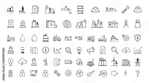 Collection of industrial and architectural building silhouettes in a grid layout
