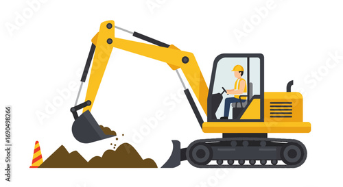 Excavator digging soil at construction site with orange cone indicating caution, showcasing industrial activity and safety measures.